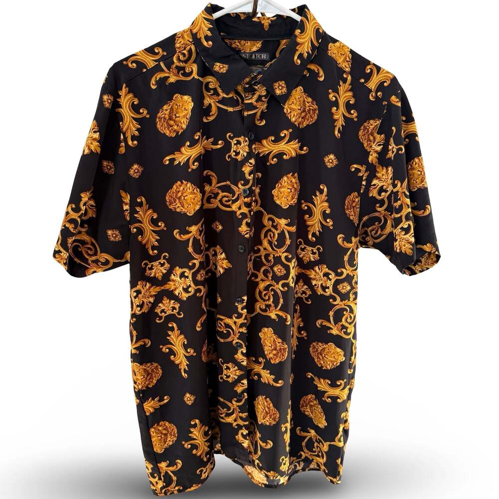Baroque Gold Lion Print Stretch Button Down Shirt L Luxury Clubwear